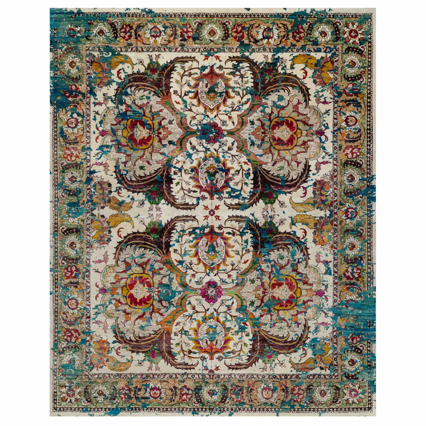 8'1"x10'1" Seashell White with Pop Of Colors, Broken Persian Design, Hand Knotted, Wool and Pure Silk, Soft to the Touch, Oriental Rug 